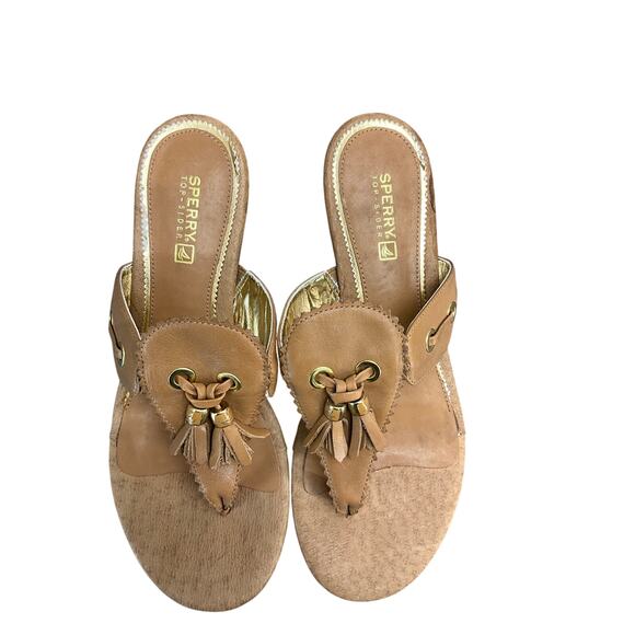 Sperry Topsider Tan Leather Tassel Flip Flop Slip On Wedge Sandal Women 8.5M - Picture 5 of 9